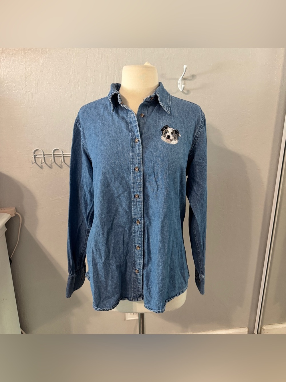 Denim Button-Up Shirt with Dog Patch